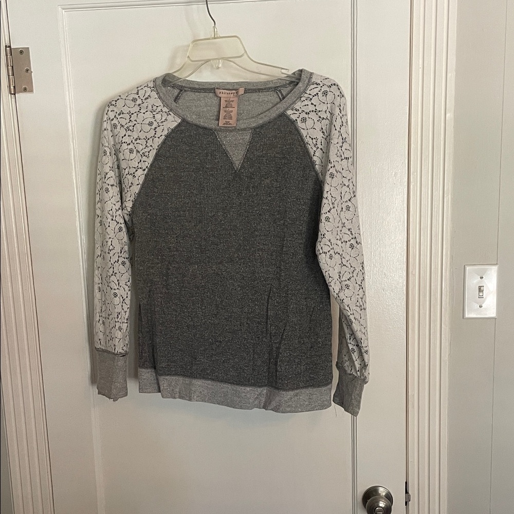 Philosophy Gray and White Lace Sleeve Sweatshirt